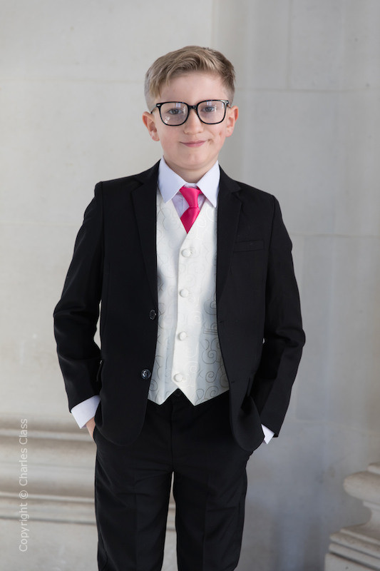 Boys Black & Ivory Suit with Hot Pink Tie - Roland